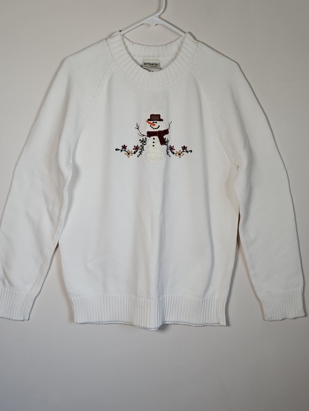 Artisans Apparel 100% Cotton Snowman Sweater White Cable Trim LG Holiday Cozy